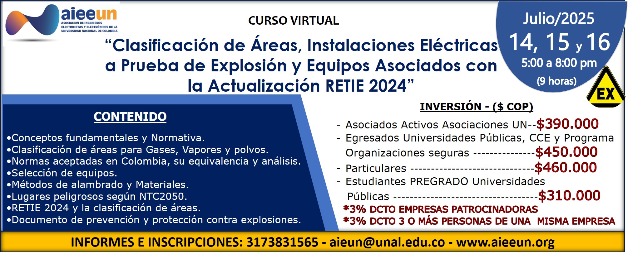 CURSO VIRTUAL "Clasificación de Áreas, Instalaciones Eléctricas a Prueba de Explosión y Equipos Asociados con la Actualización RETIE 2024"