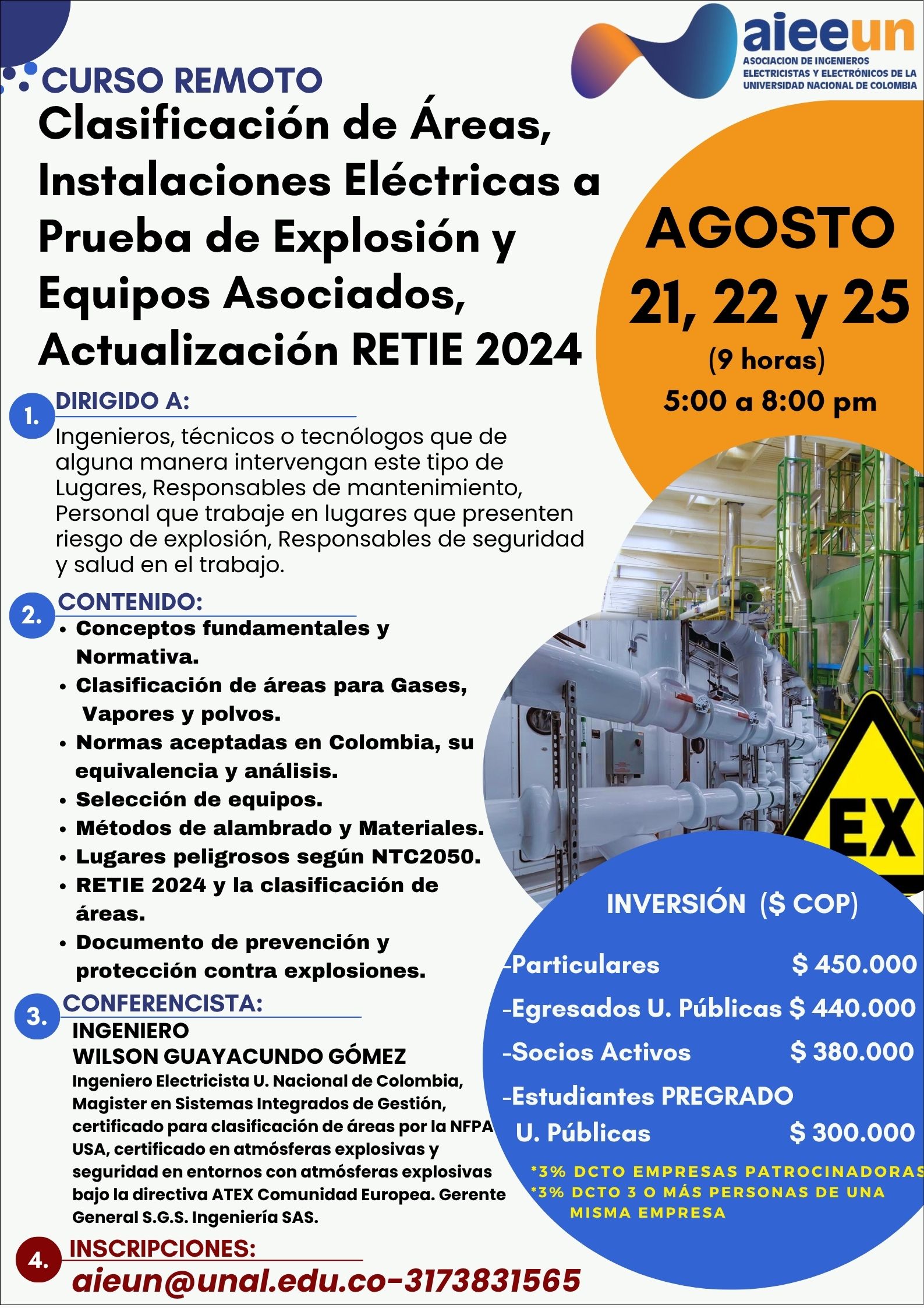 CURSO VIRTUAL "Clasificación de Áreas, Instalaciones Eléctricas a Prueba de Explosión y Equipos Asociados con la Actualización RETIE 2024"